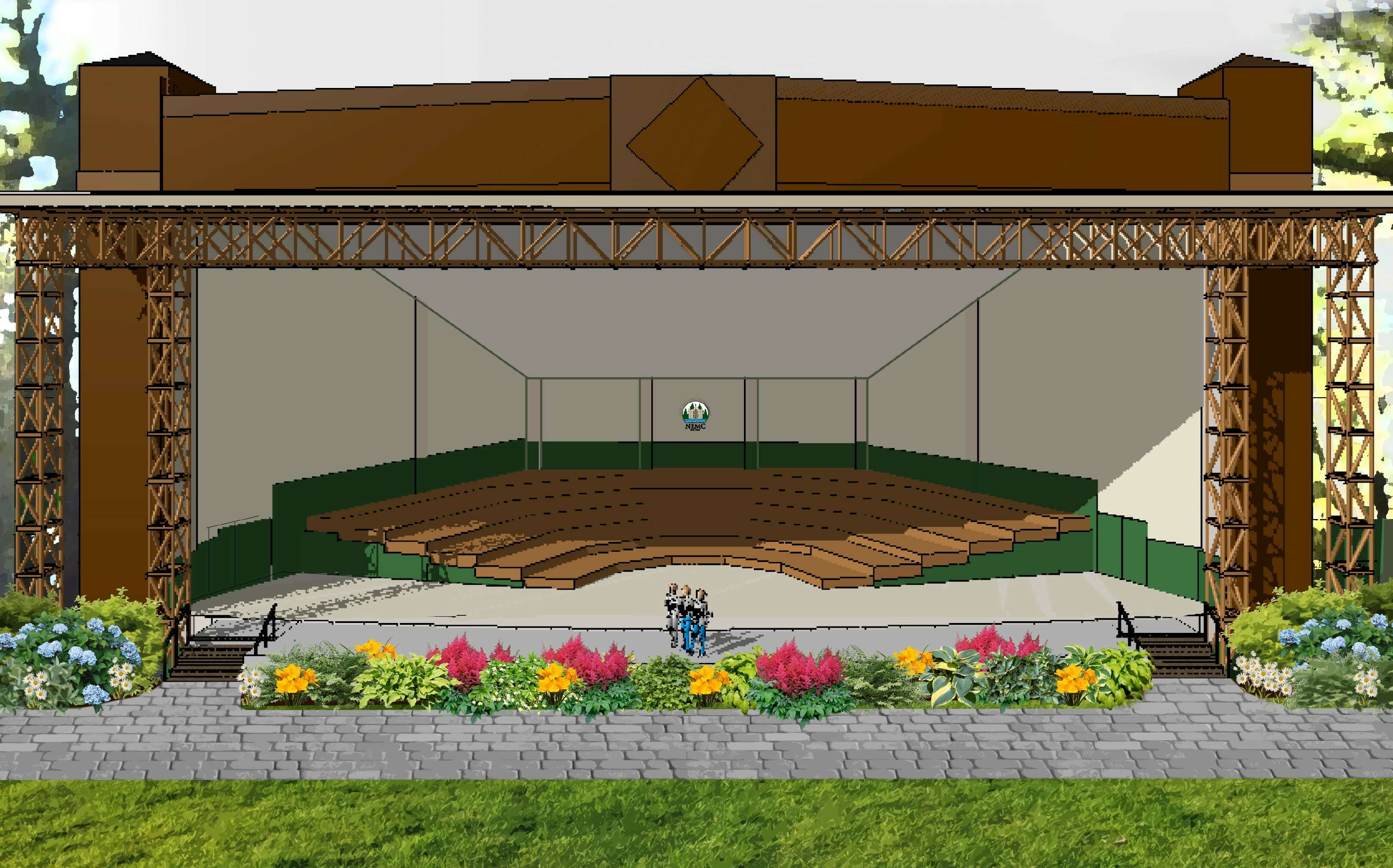 An artists rendering of an outdoor shell-style stage with a wide lawn and landscaping