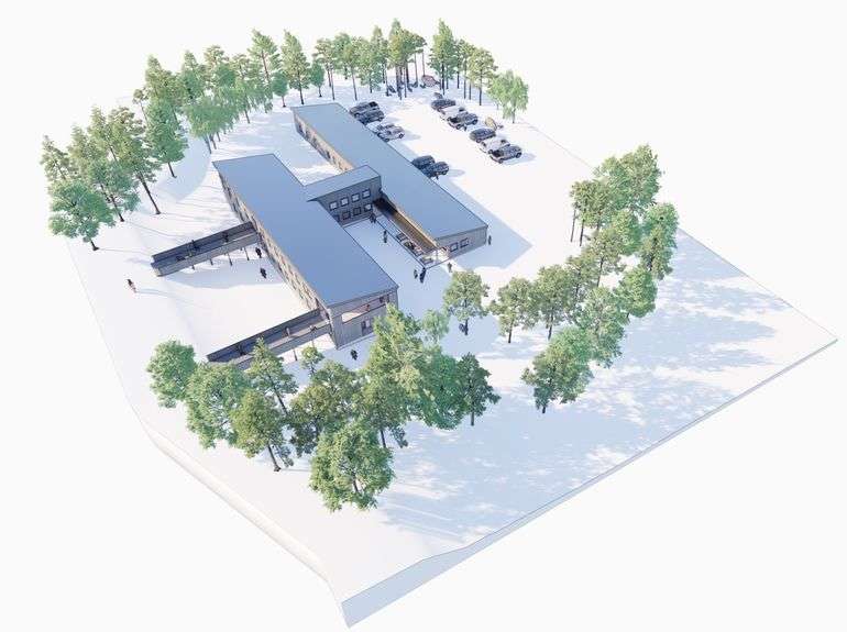 rendering of building and trees