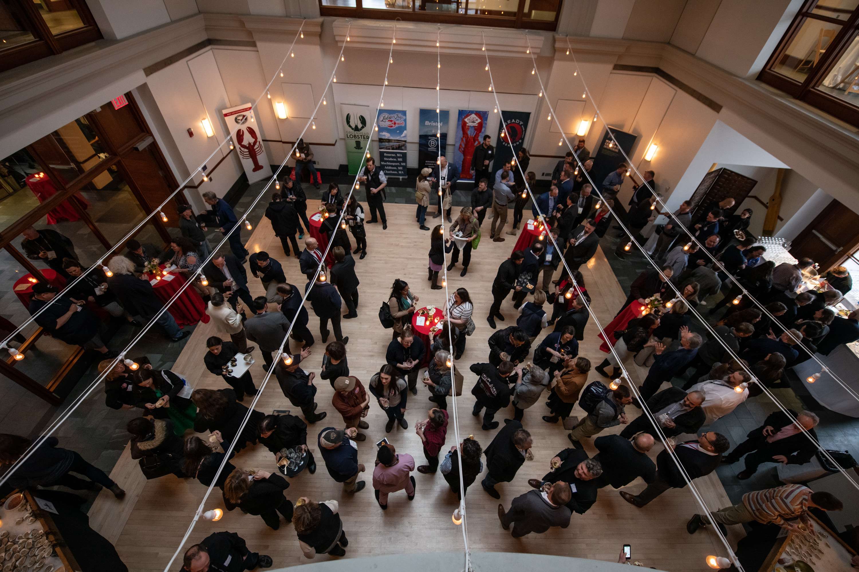 aerial of crowd in room