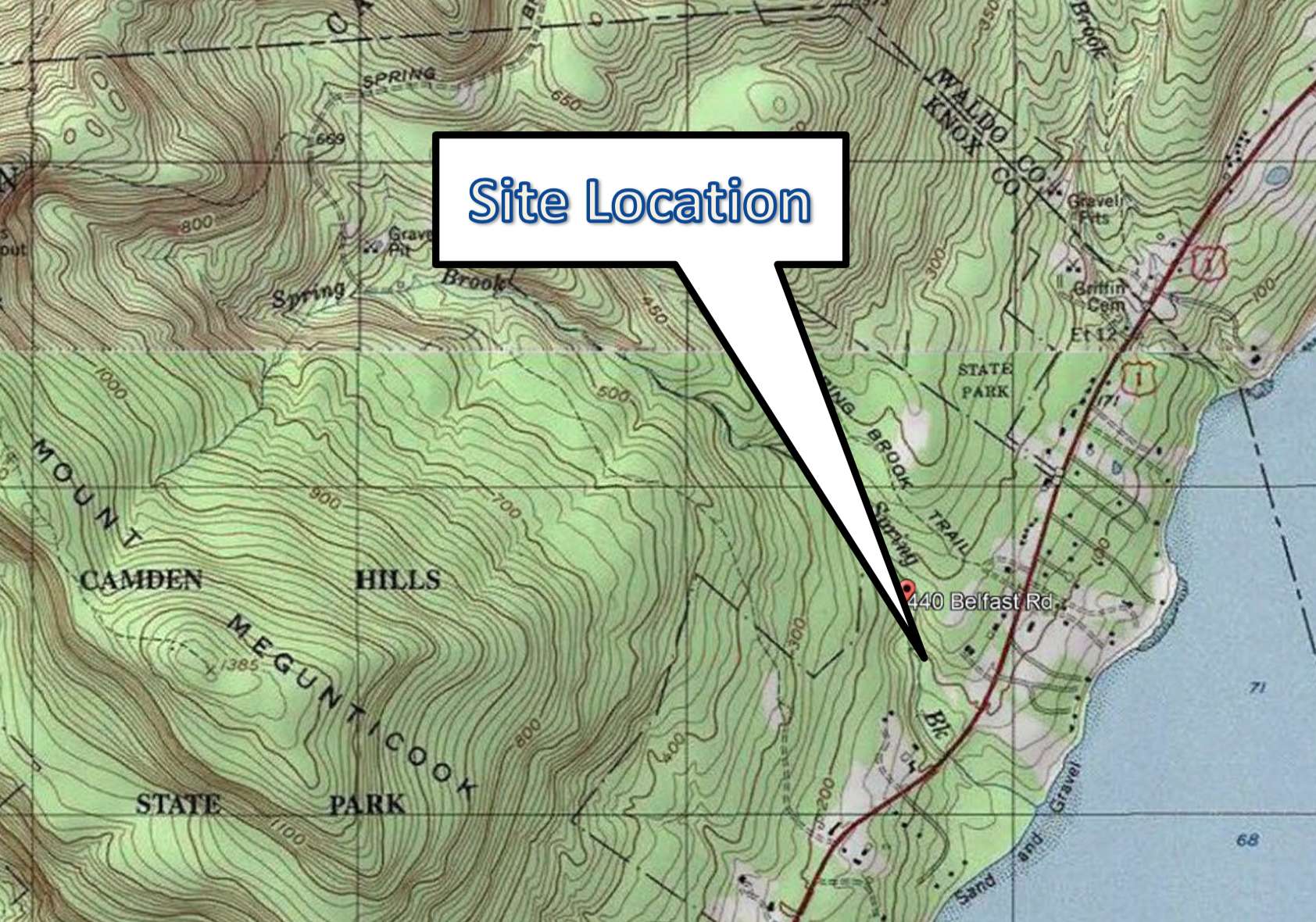 topographic map with arrow