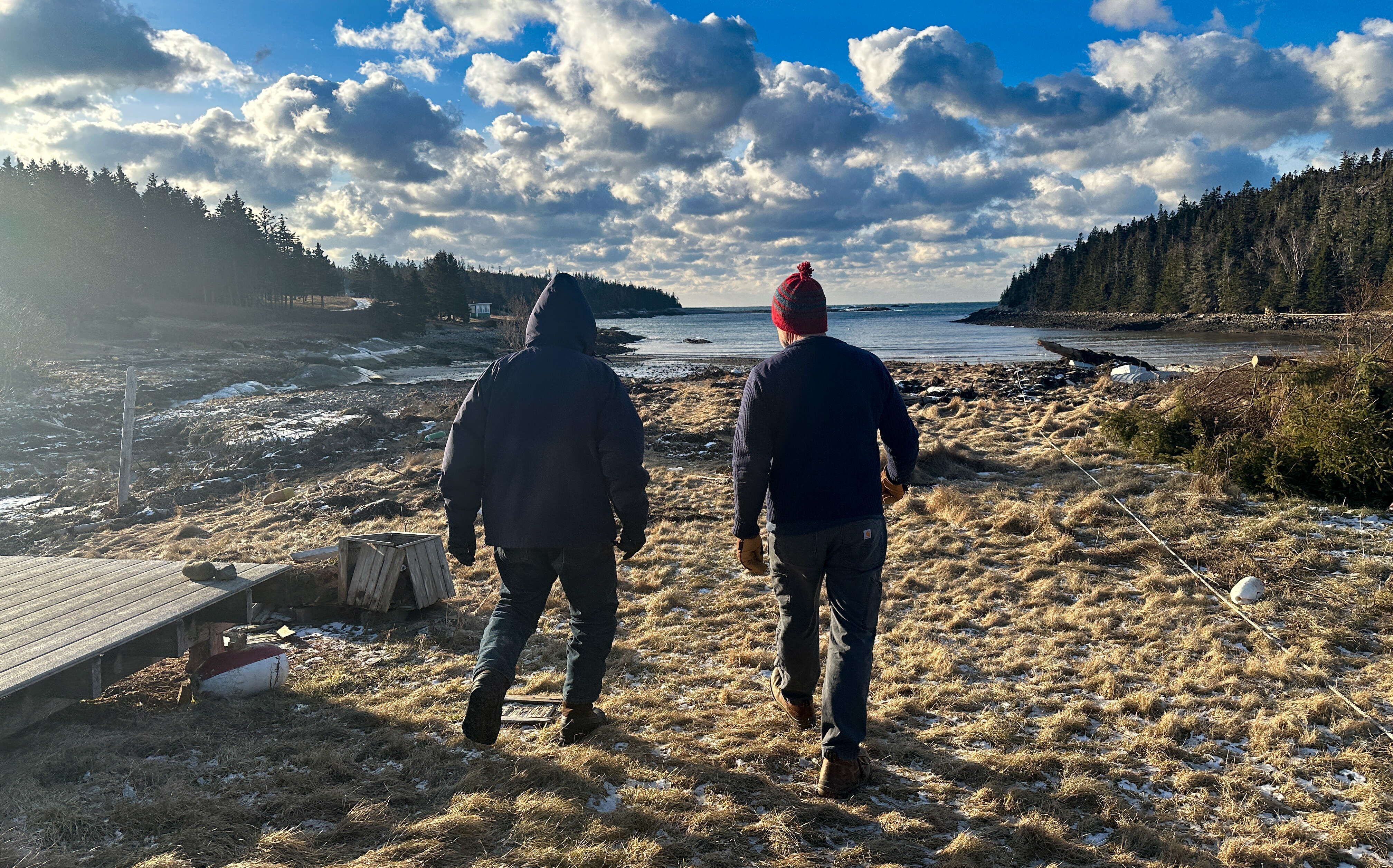 2 people walking on shore
