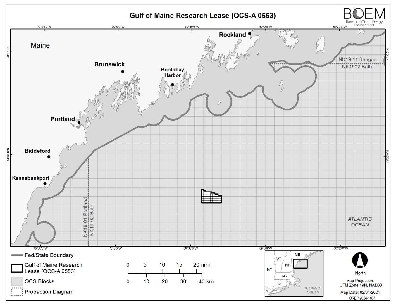 This map shows the Maine coast and a gridded block with the lease area.