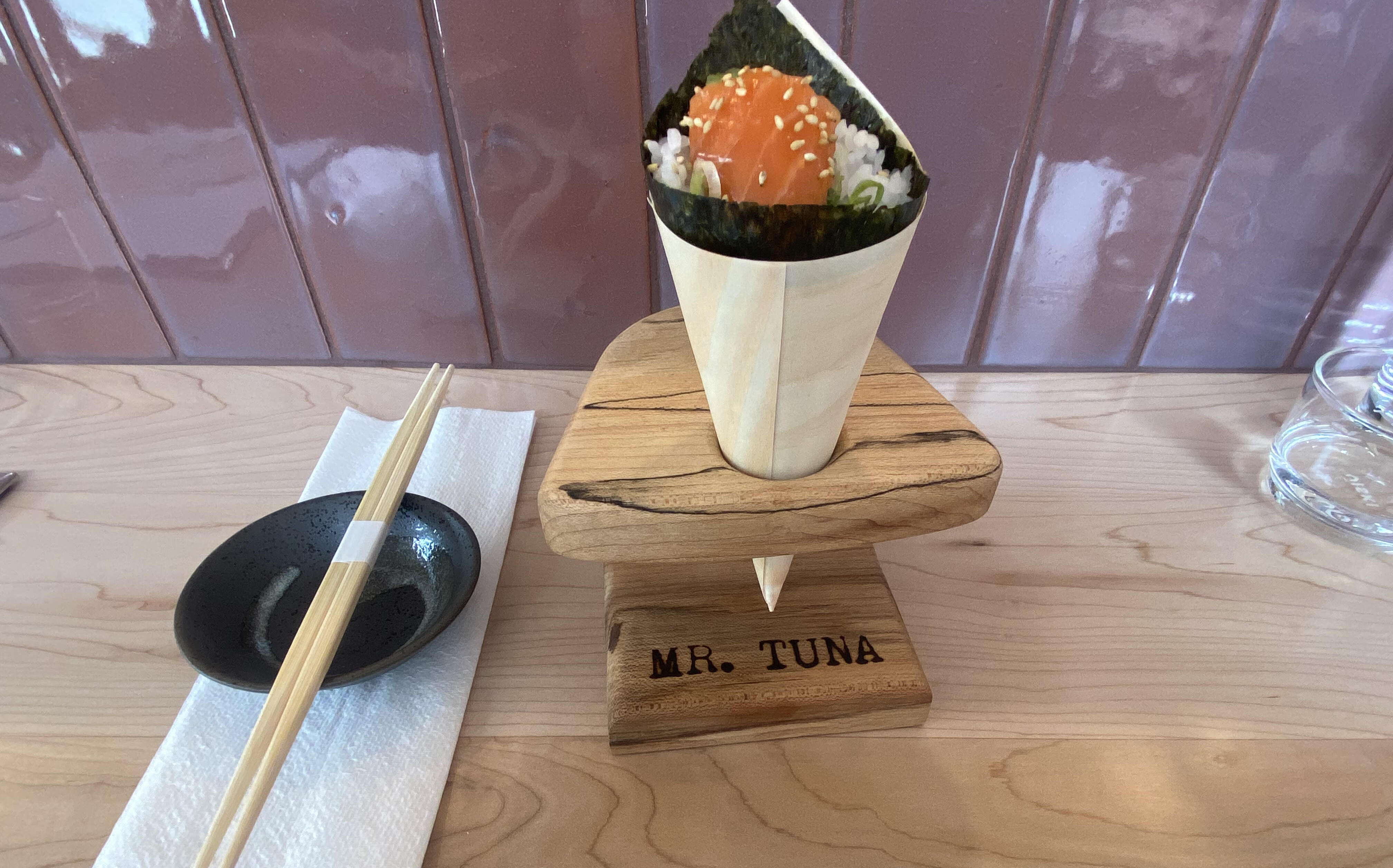 A sushi hand roll from Mr. Tuna 