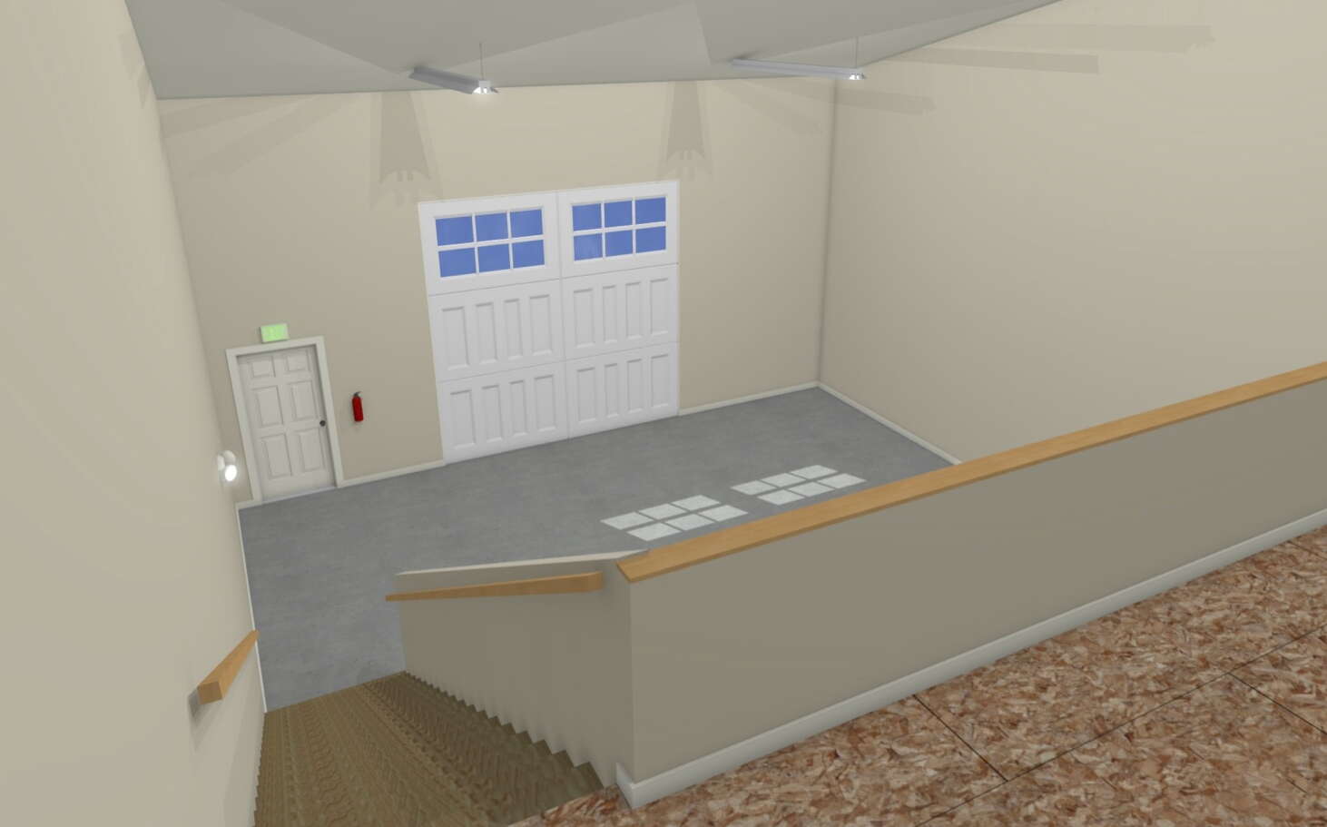 This rendering shows a view from the second story down to the entry door.