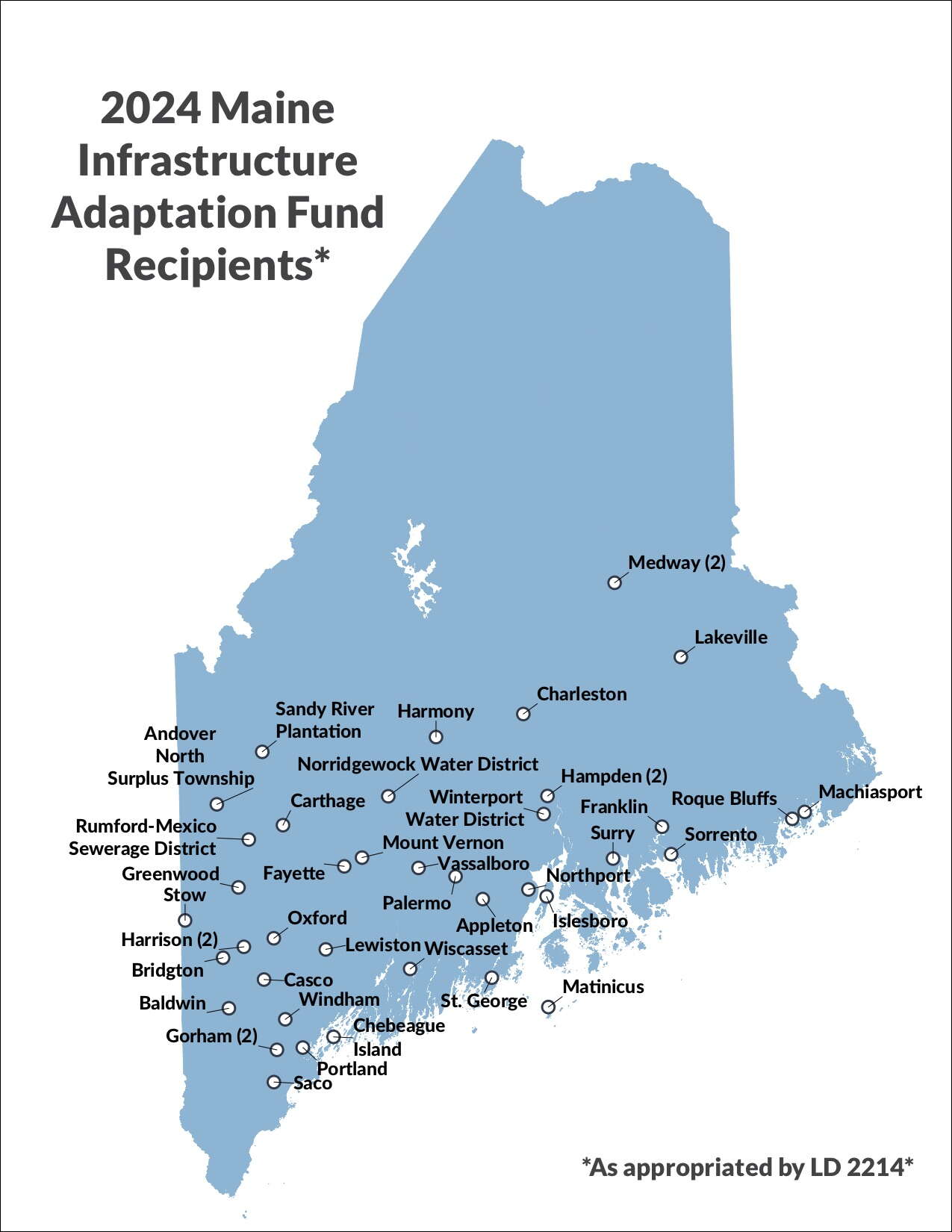 A drawing shows Maine in blue with towns and cities notated.