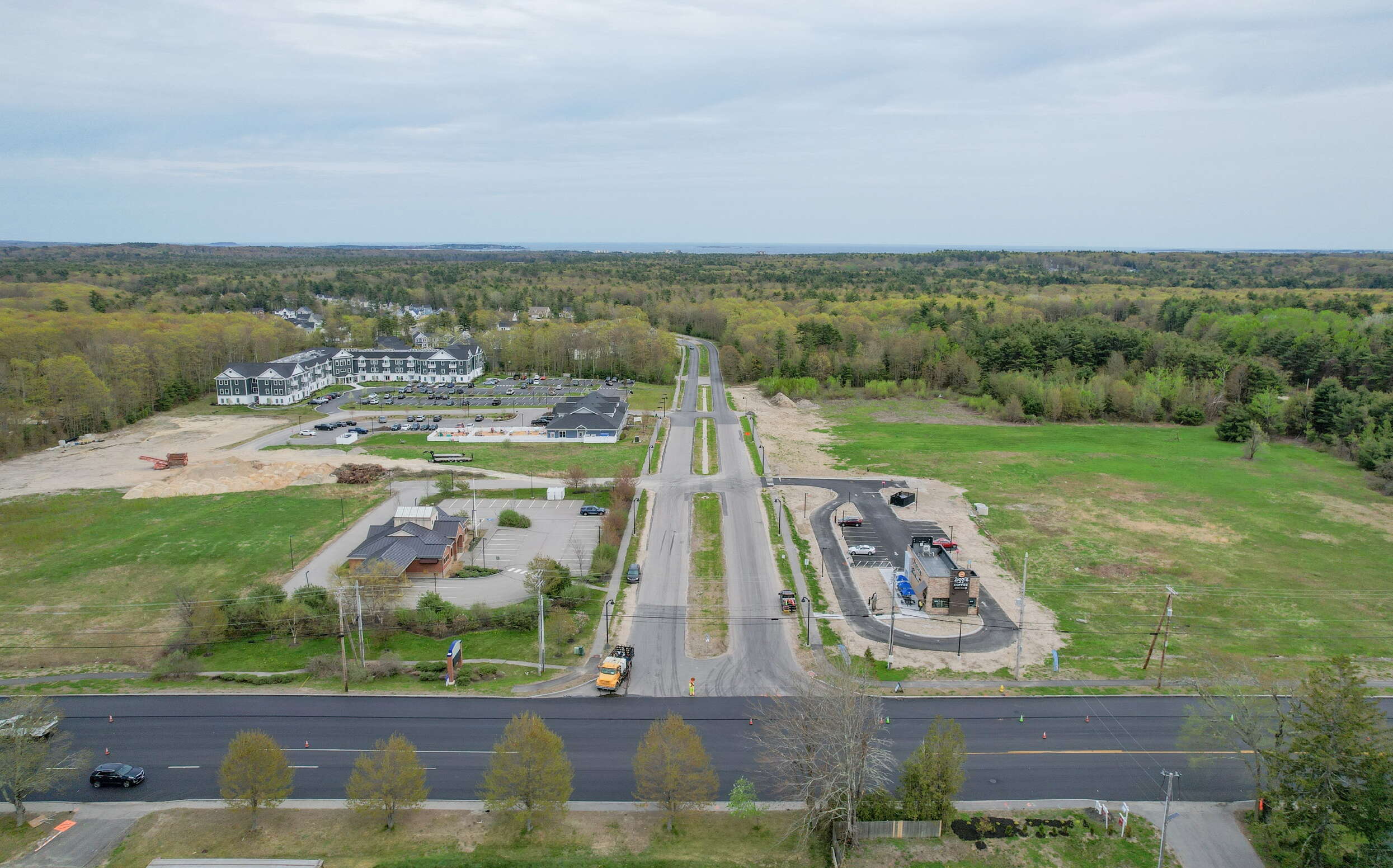 An aerial view shows a building development.