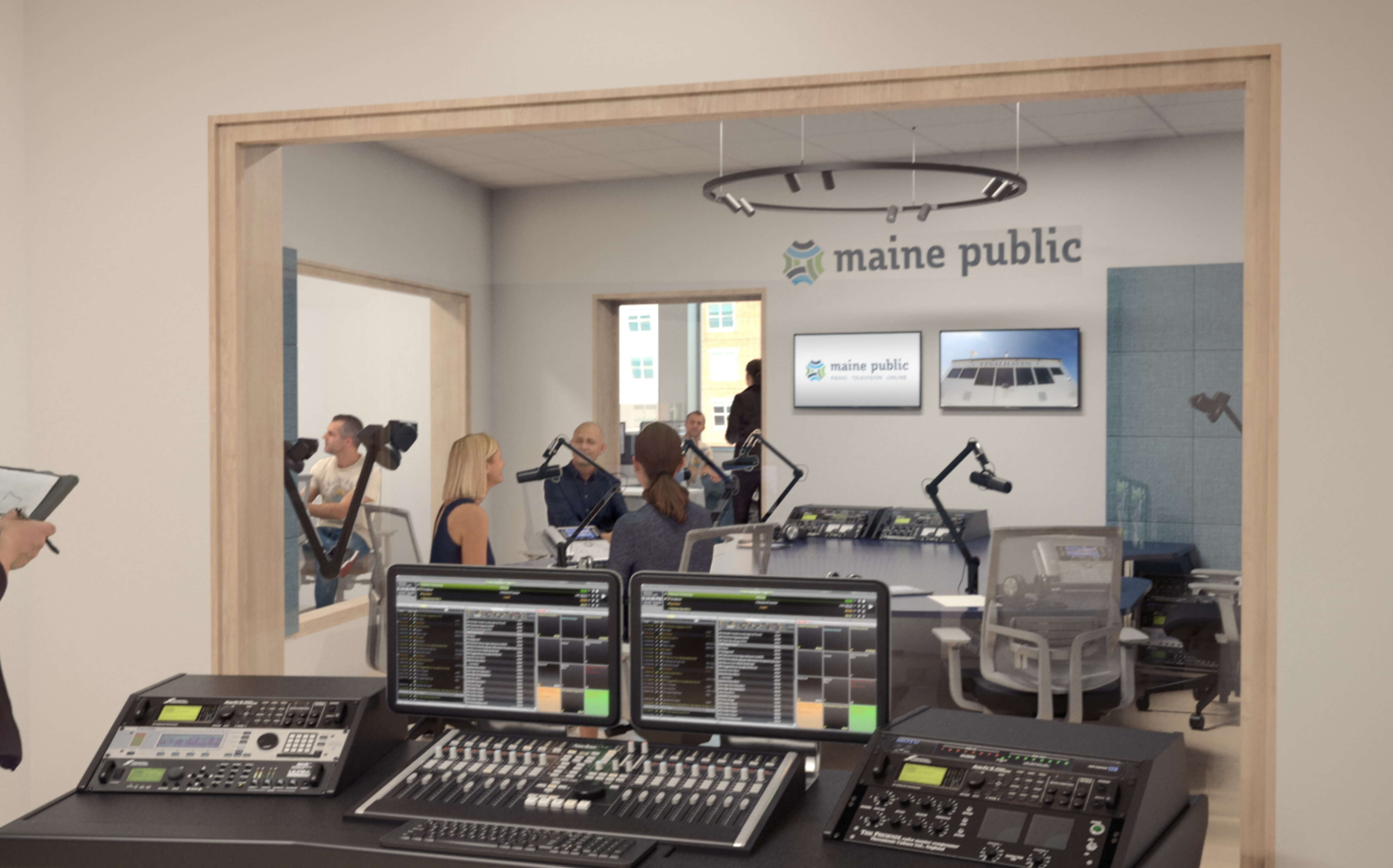 Maine Public studio rendering showing people and equipment.