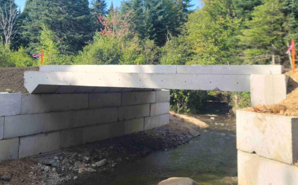 A concrete structure spans a stream.