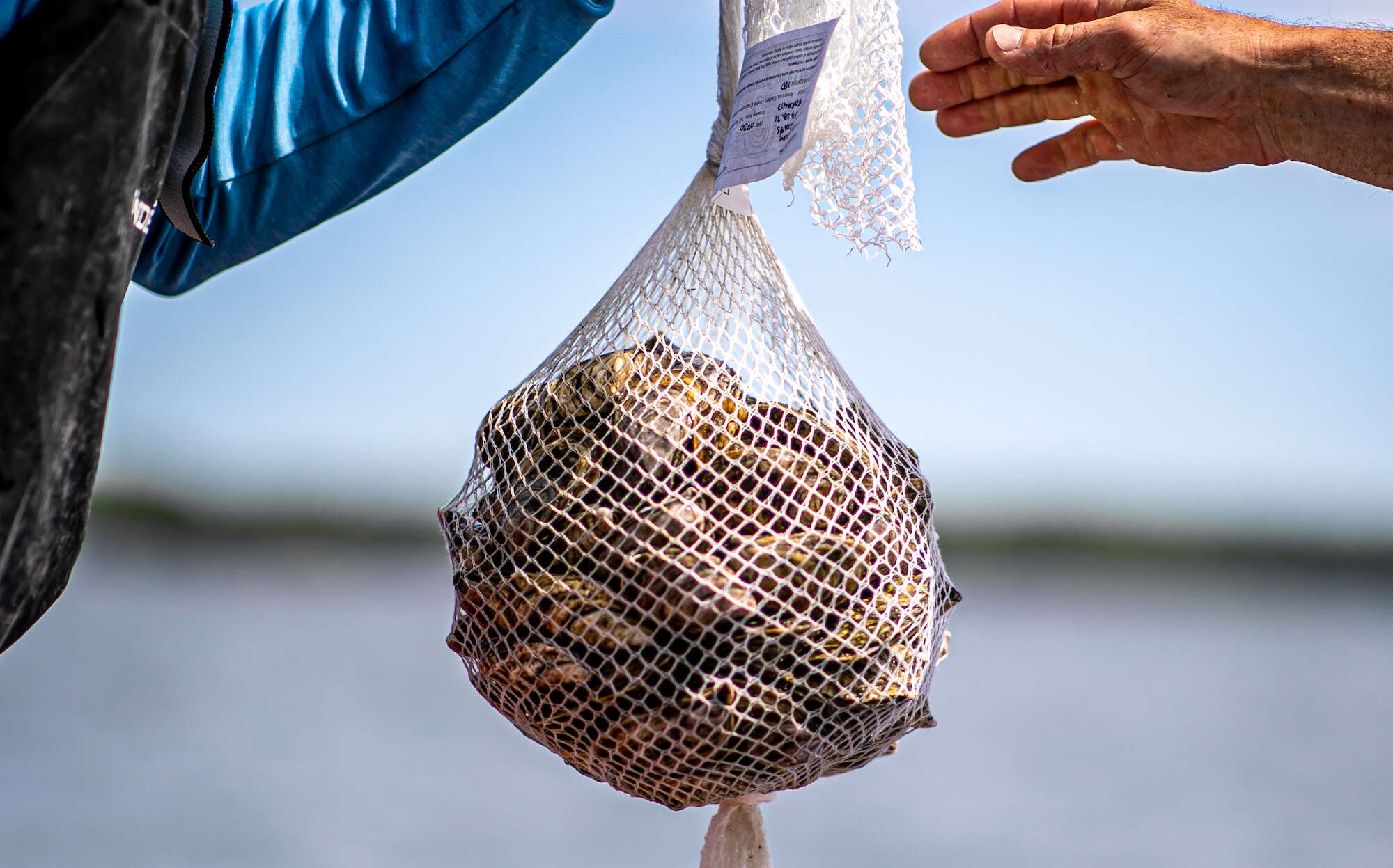 A bag is passed from one person to another.