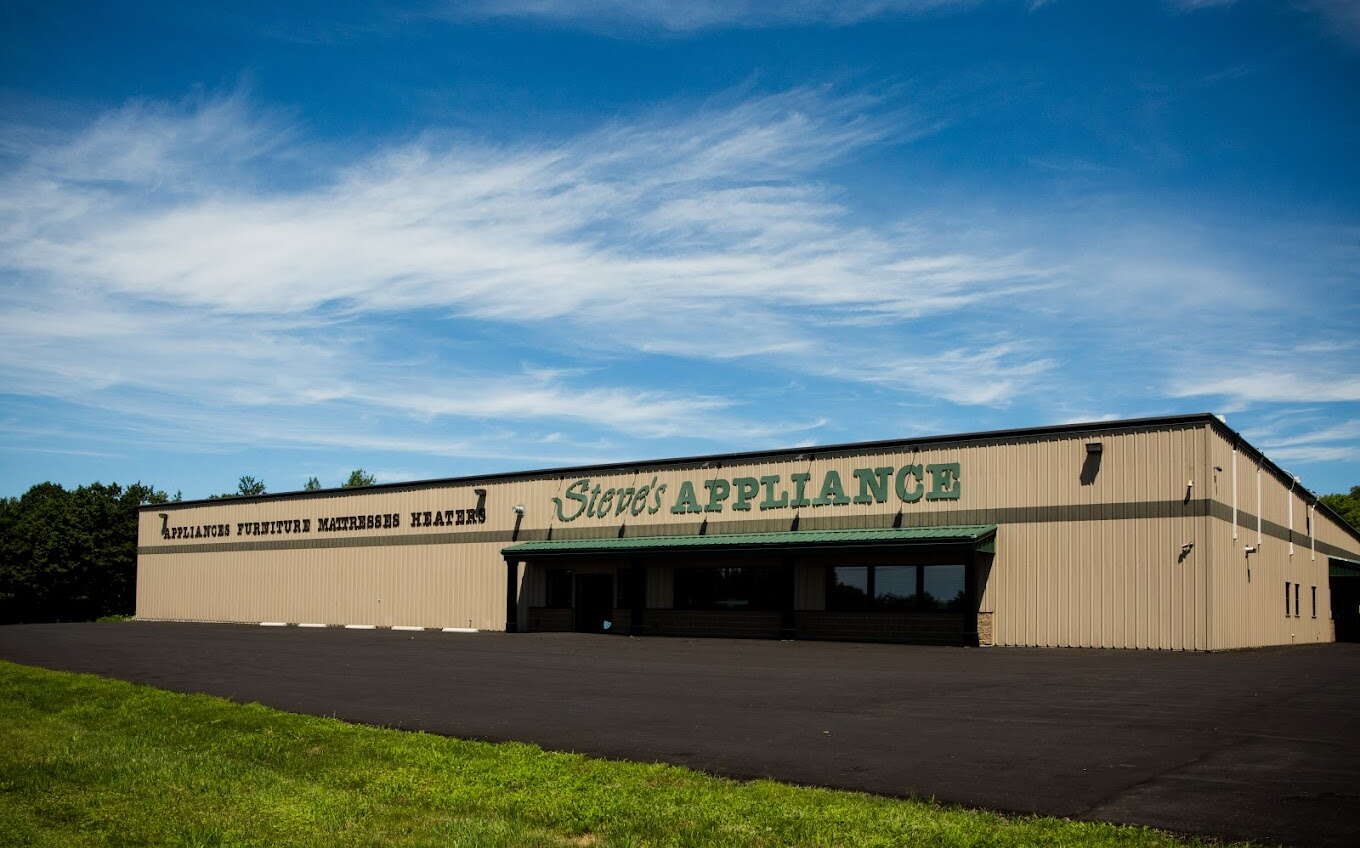 A long low building has signs.