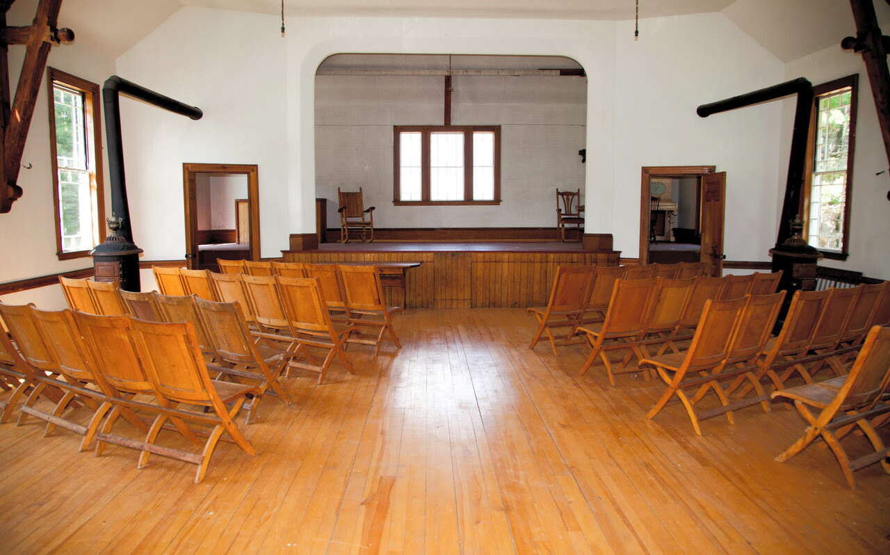 A buliding has a hall and stage.