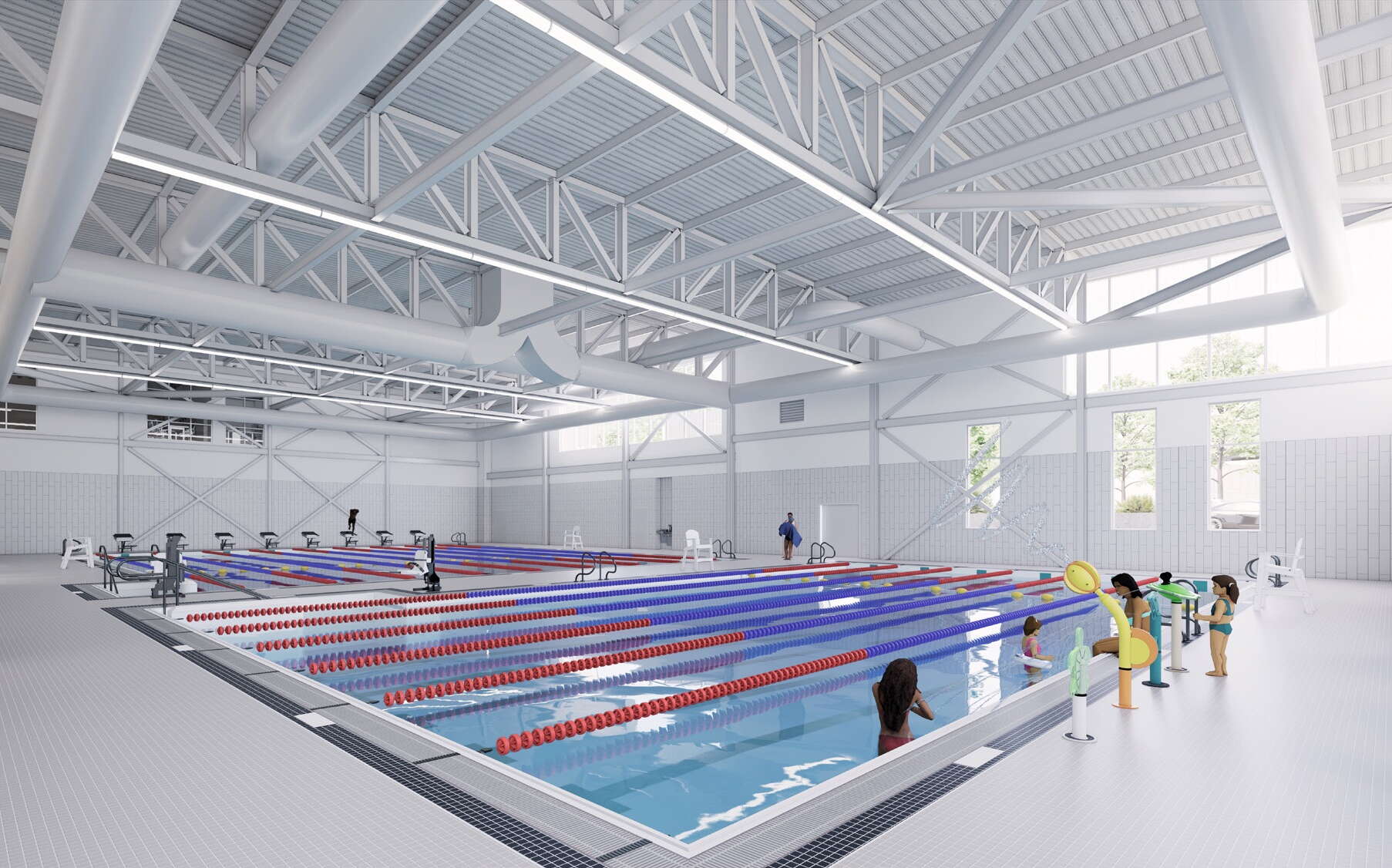 A rendering shows a pool with lanes.