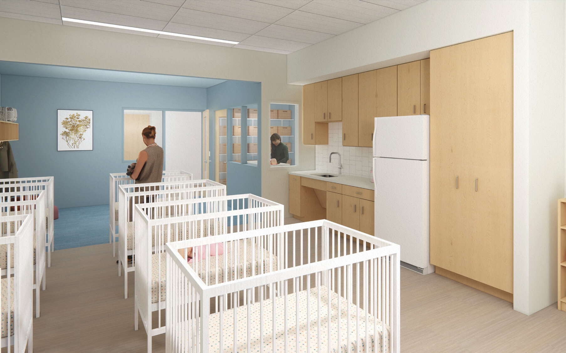 A rendering shows a room and cribs.