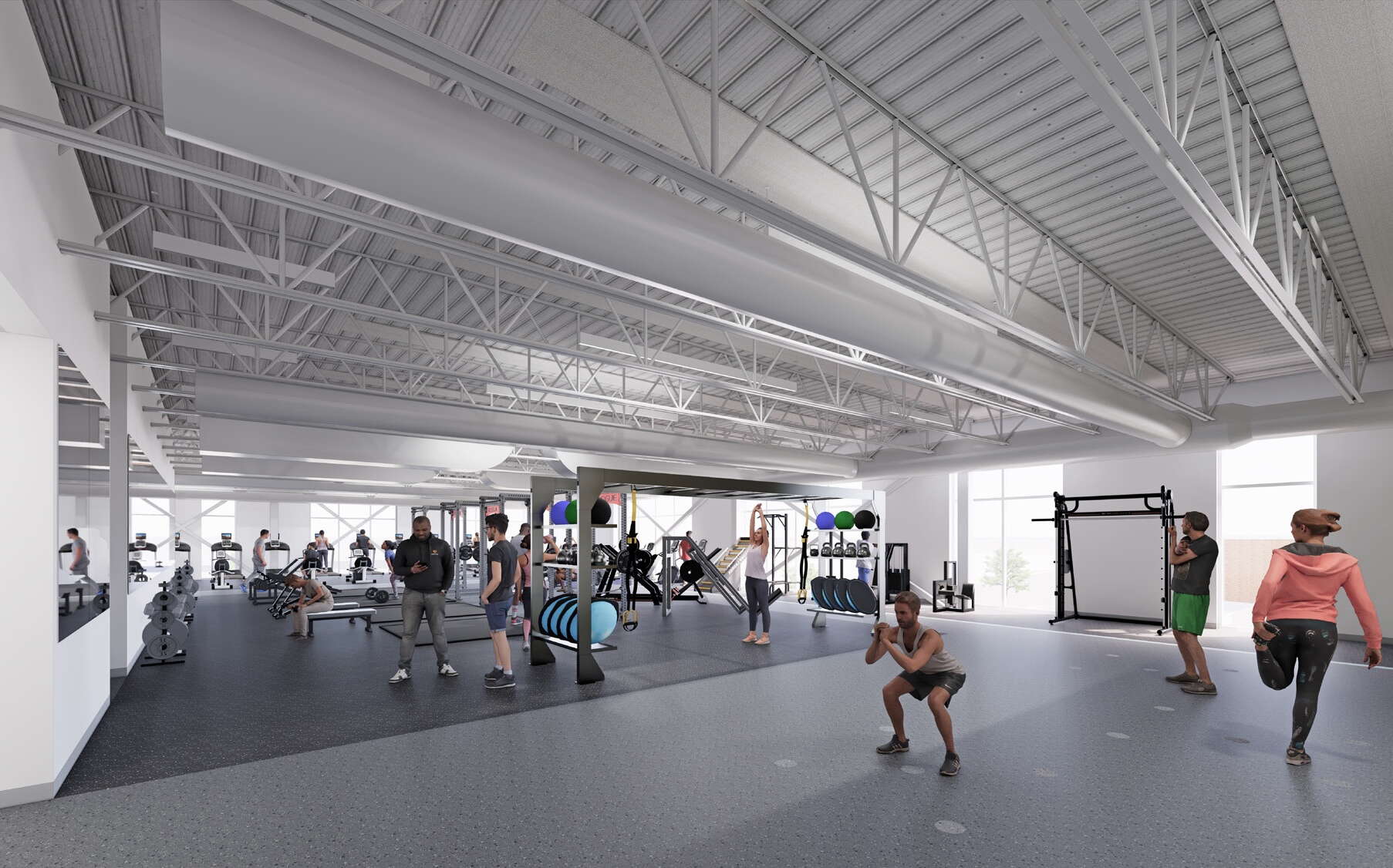 A rendering shows people using gym equipment.