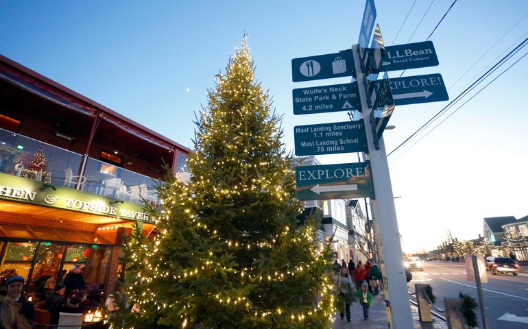 Freeport Christmas tree and downtown shopping street. 