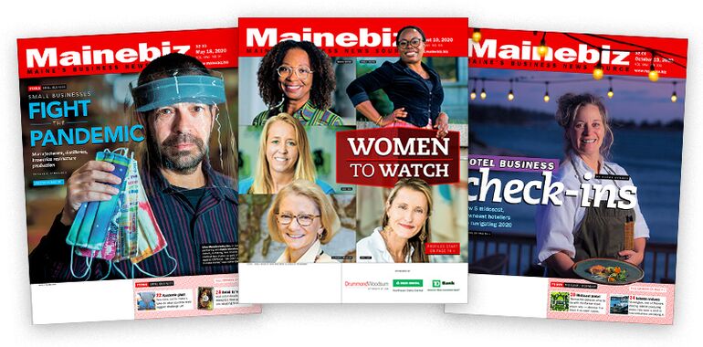 Three Mainebiz print covers from 2020 