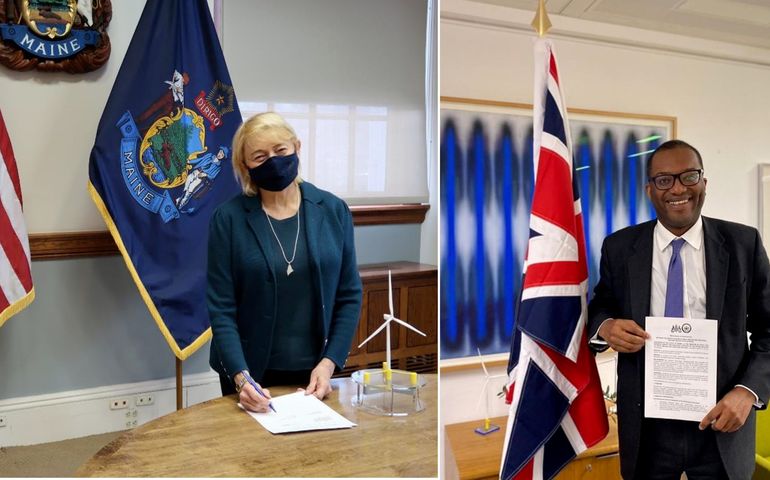 two photos, one of a masked woman with American and Maine flags behind her as she signs a paper at a desk, the other of a man standing next to a British flag holding a piece of paper that has the look of an official agreement