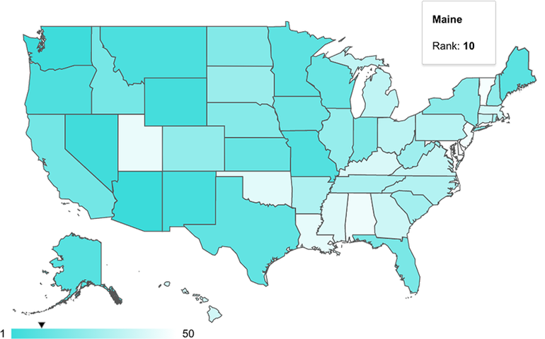 WalletHub map of U.S. states showing Maine as No 10
