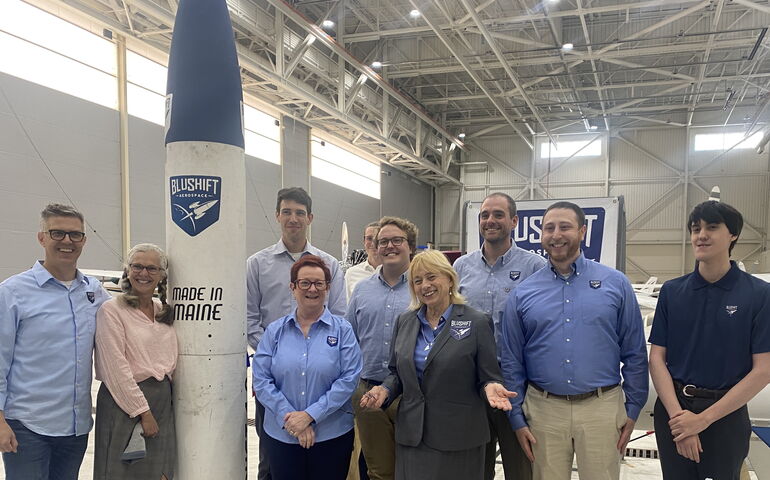 Group photo with Gov. Mills and bluShift Aerospace team