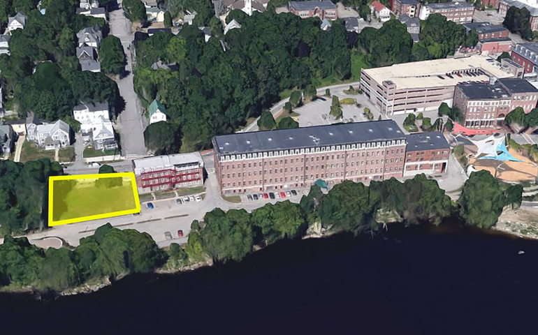 Aerial view showing highlighted building in Auburn