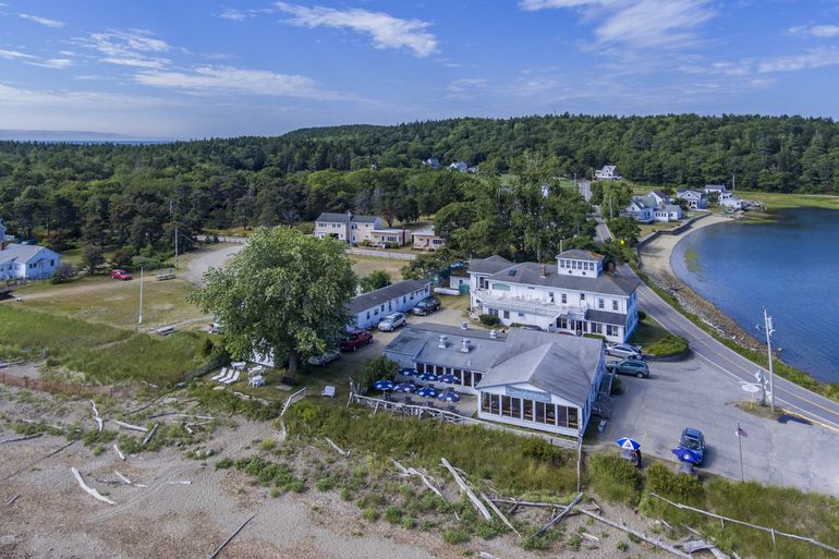 aerial of buildings and cove