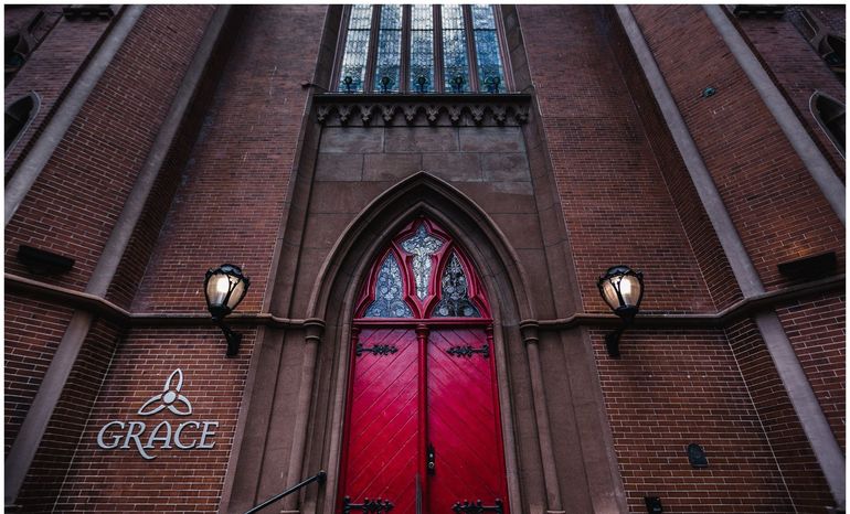 brick church with red door