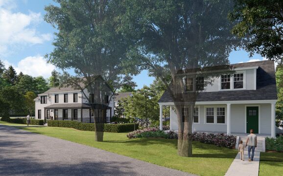 rendering of two houses trees people