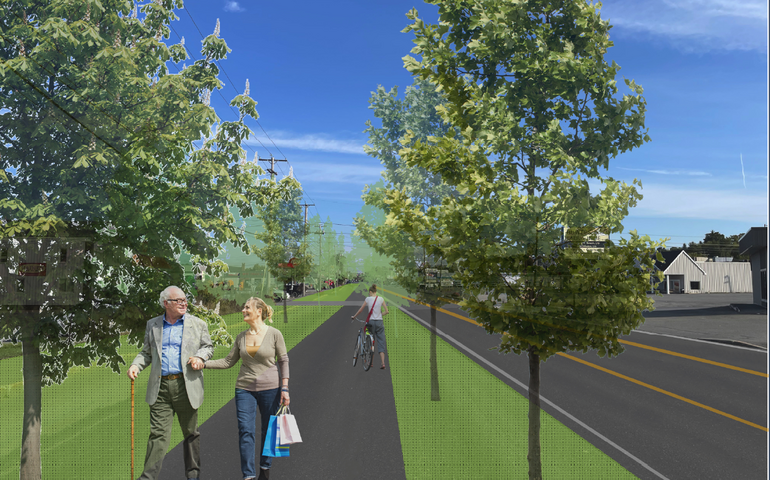rendering of peole walking on sidewalk with grass and trees