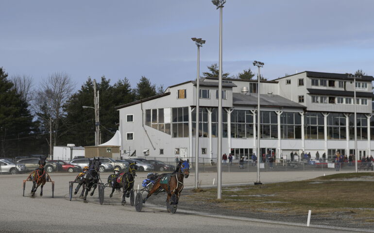 Horses and sulkies coming around the turn 