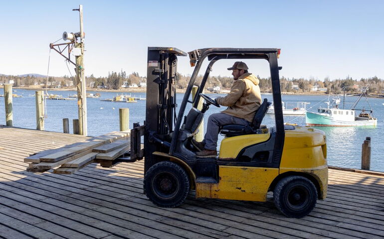 person in vehicle carrying lumber on dock by the water