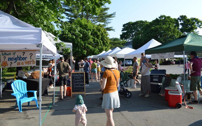 People walking around a farmers' market.