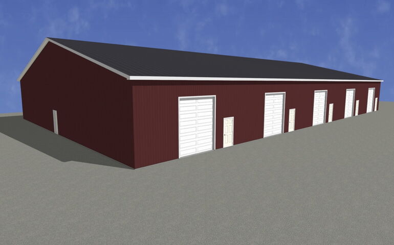 A rendering shows a barebones building with garage doors