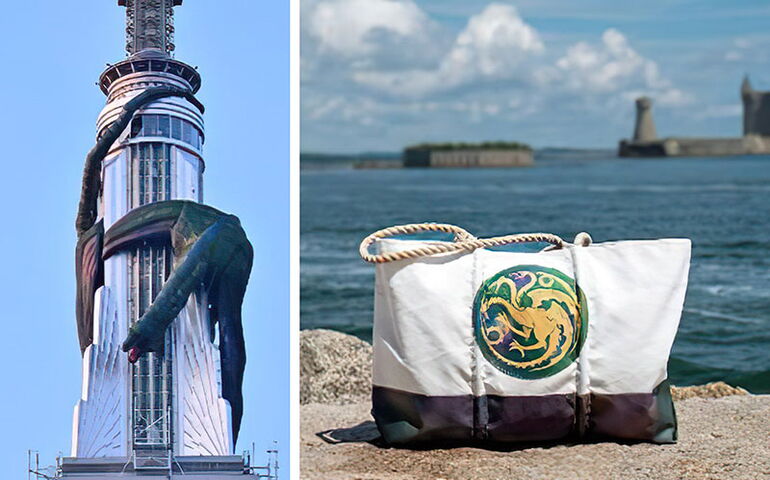 Outdoor sculpture and Sea Bags tote bag with dragon design on it.