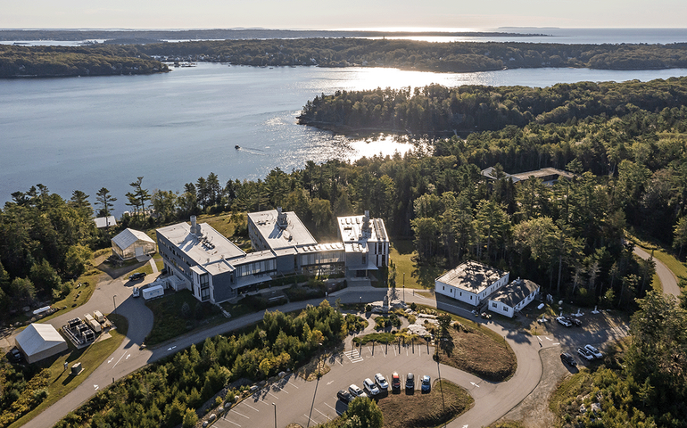 An aerial view shows buildings and a harbor.