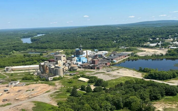 This aerial view shows an old mill.