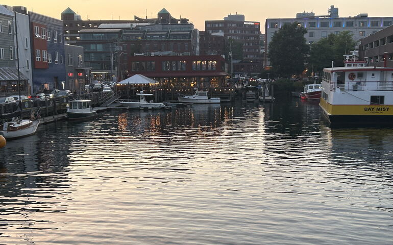 Portlan Harbor at sunset .