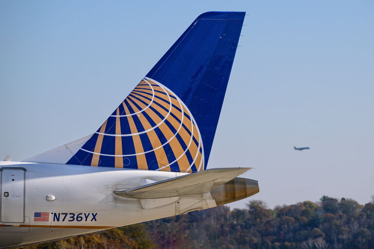 United plane on the tarmac at the Portland International Jetport.