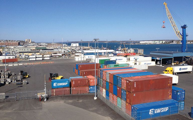 Photo of Eimskip cargo containers in Portland's port.